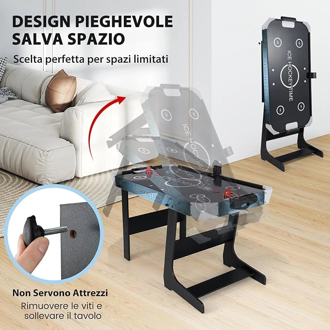 Tavolo da Air Hockey, Hockey da Tavolo Pieghevole con Potente Motore 12V e Tabellone Digitale a LED, 2 Spingitori e 2 Dischi, per Casa Sala Giochi e Ufficio, 144 x 68 x 79 cm