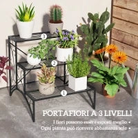 Scaffale Porta Piante a 3 Livelli a Scaletta per Interno ed Esterno in Metallo, 60x60x60 cm, Nero
