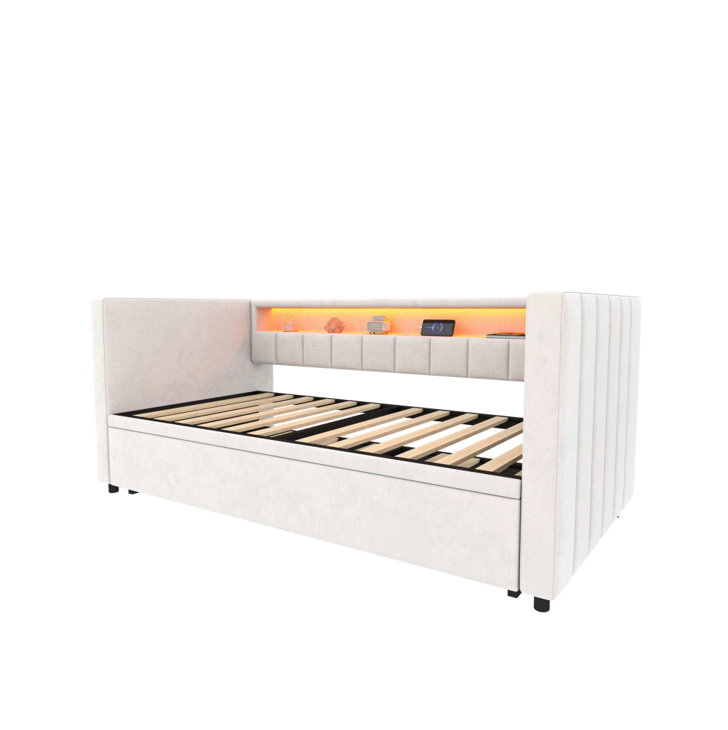 Divano letto estraibile 90x190 cm in velluto beige con LED; USB Type-C e struttura legno-metallo