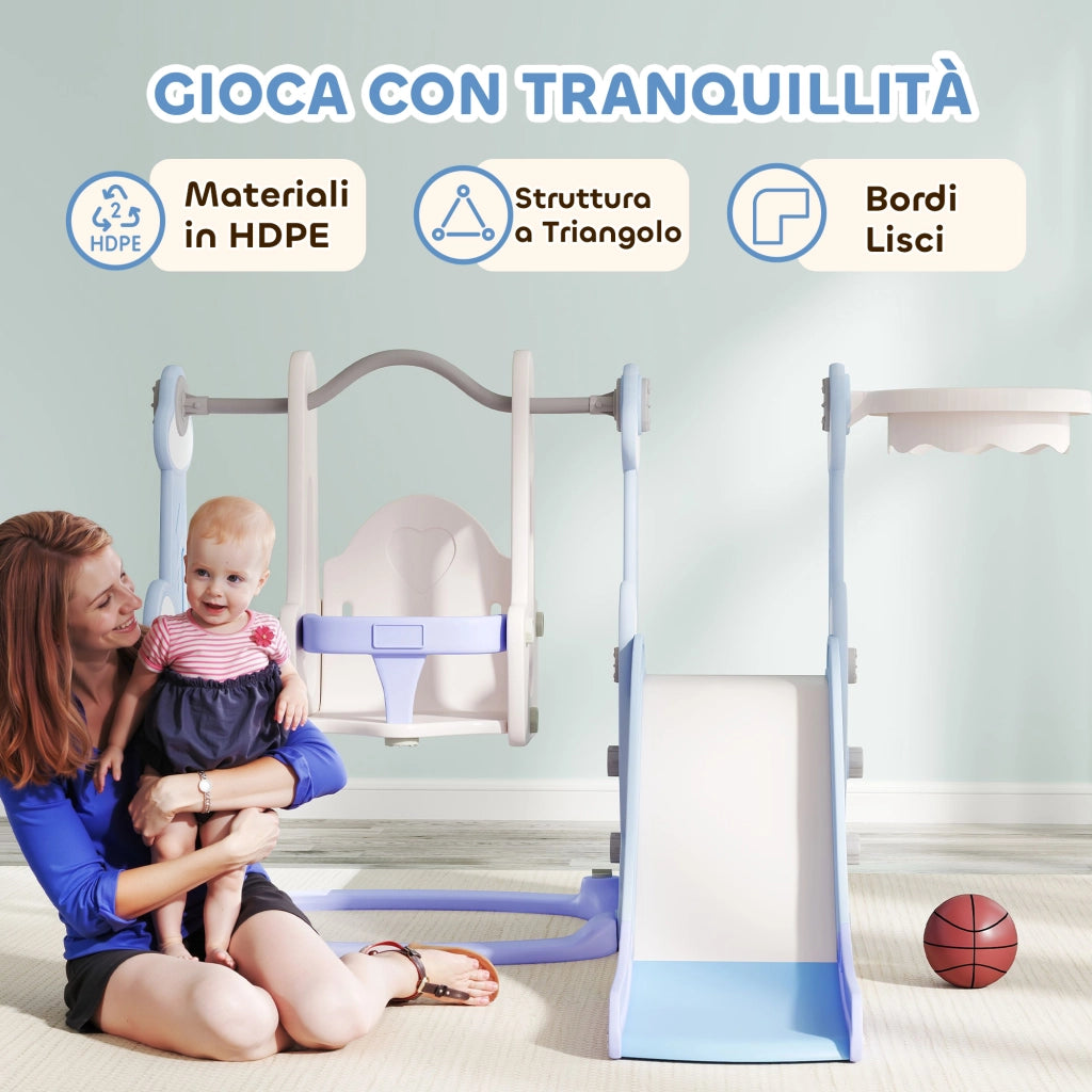 Casetta Gioco Bambini con Scivolo Altalena Arrampicata Canestro ¨C Minimal ¨C 147.5x160x107 Azzurro