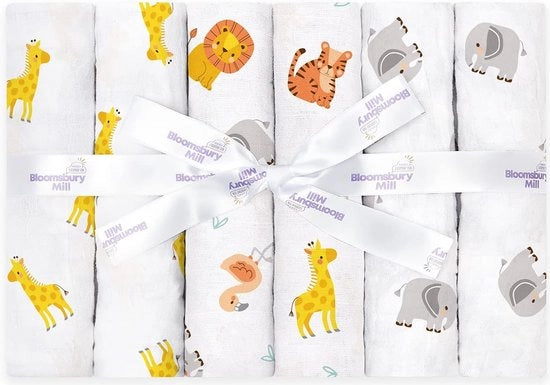 Set di 6 asciugamani di cotone mousseline per bambini - 100% cotone biologico puro - Asciugamani per il bimbo soffici e respiranti - Animali della giungla - Safari - 70 cm x 70 cm