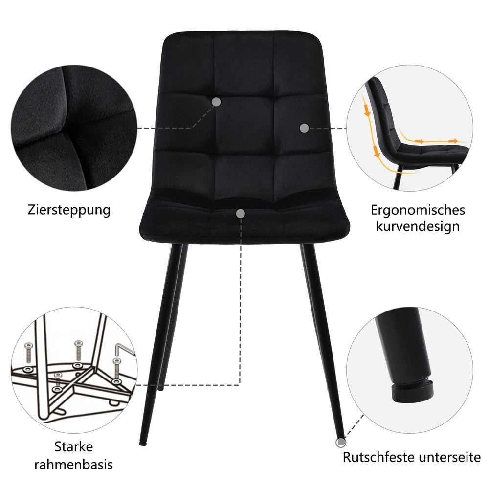 Set Tavolo da Pranzo Rotondo con 4 Sedie ¨C Xylo ¨C Piano MDF Bianco, Gambe Metallo Nero, Sedute Velluto, ?80 cm