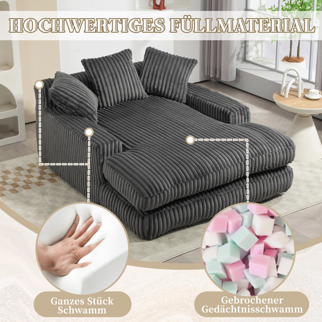 Chaise Longue da Interno 1 Posto con 3 Cuscini; Senza Montaggio; Seduta Ergonomica in Velluto a Coste Grigio Scuro