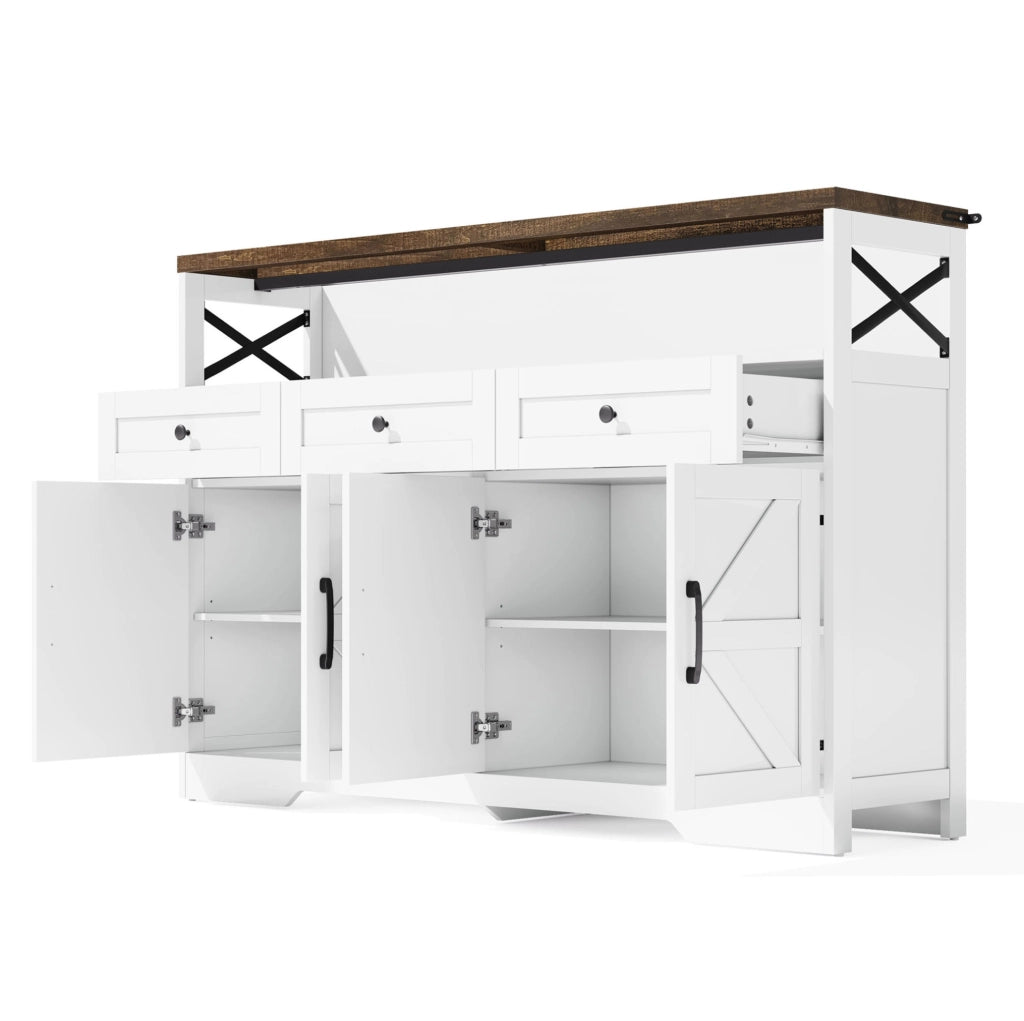 Credenza 140 cm, 3 cassetti in MDF bianco e marrone, stile rustico