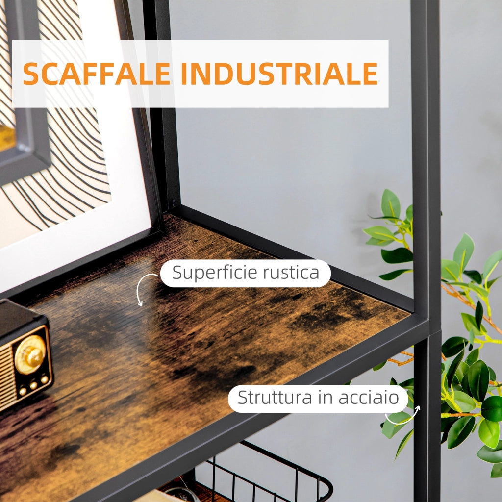 Mobile Libreria in Stile Industriale a 7 Livelli 83x34x180 cm in Legno e Acciaio Marrone
