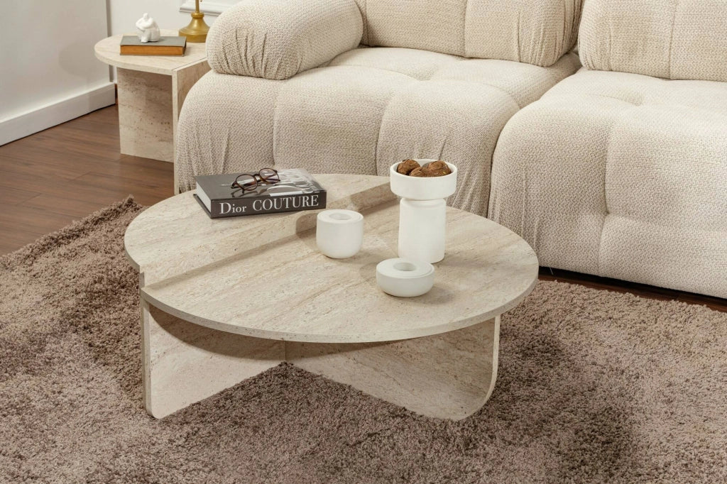 Tavolino da salotto Feyre, Tavolo basso da caffè, Portariviste per divano, Ripiano da soggiorno, 90x60 h35 cm, Beige e Marmo