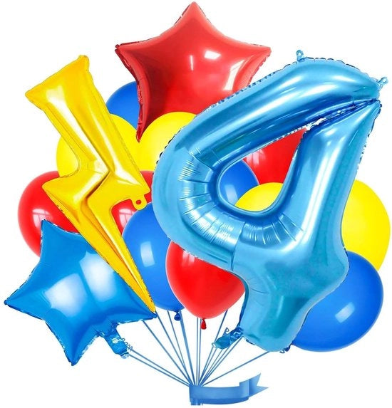 Decorazione di compleanno per bambini 4 anni - Ballo di compleanno per 4 anni - Palloni in alluminio - Inflabili - Riciclabili - Decorazione di festa
