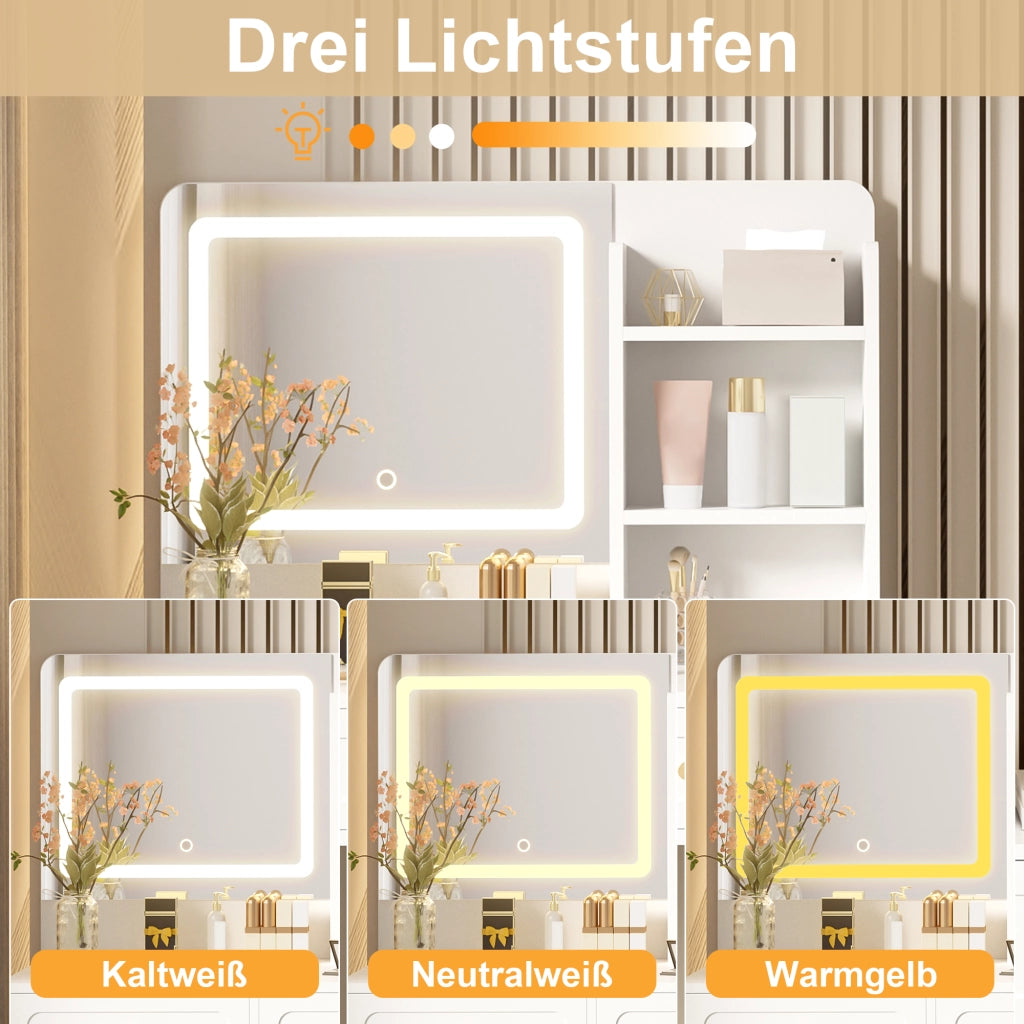 Tavolo da toeletta con specchio LED regolabile; 5 cassetti; 1 anta e 3 mensole; Bianco; 80×39;8×127cm
