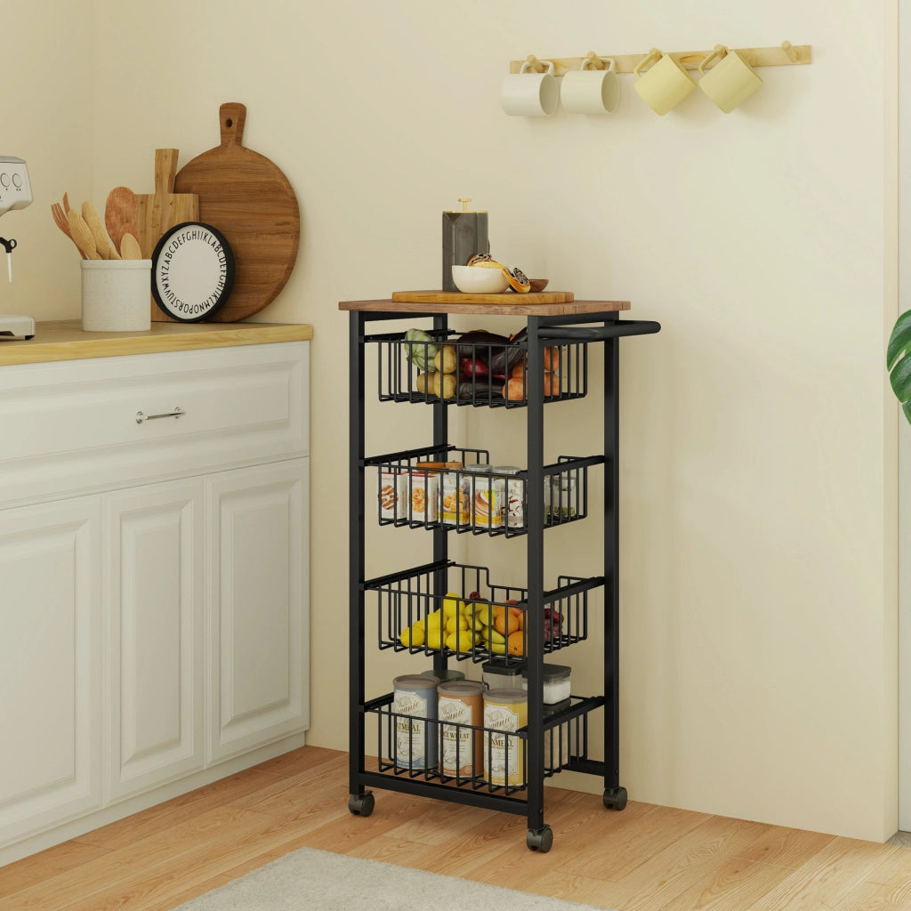 Carrello da cucina con piano di lavoro e 4 cestelli estraibili, in acciaio e finitura rovere, 49,5x31x91 cm