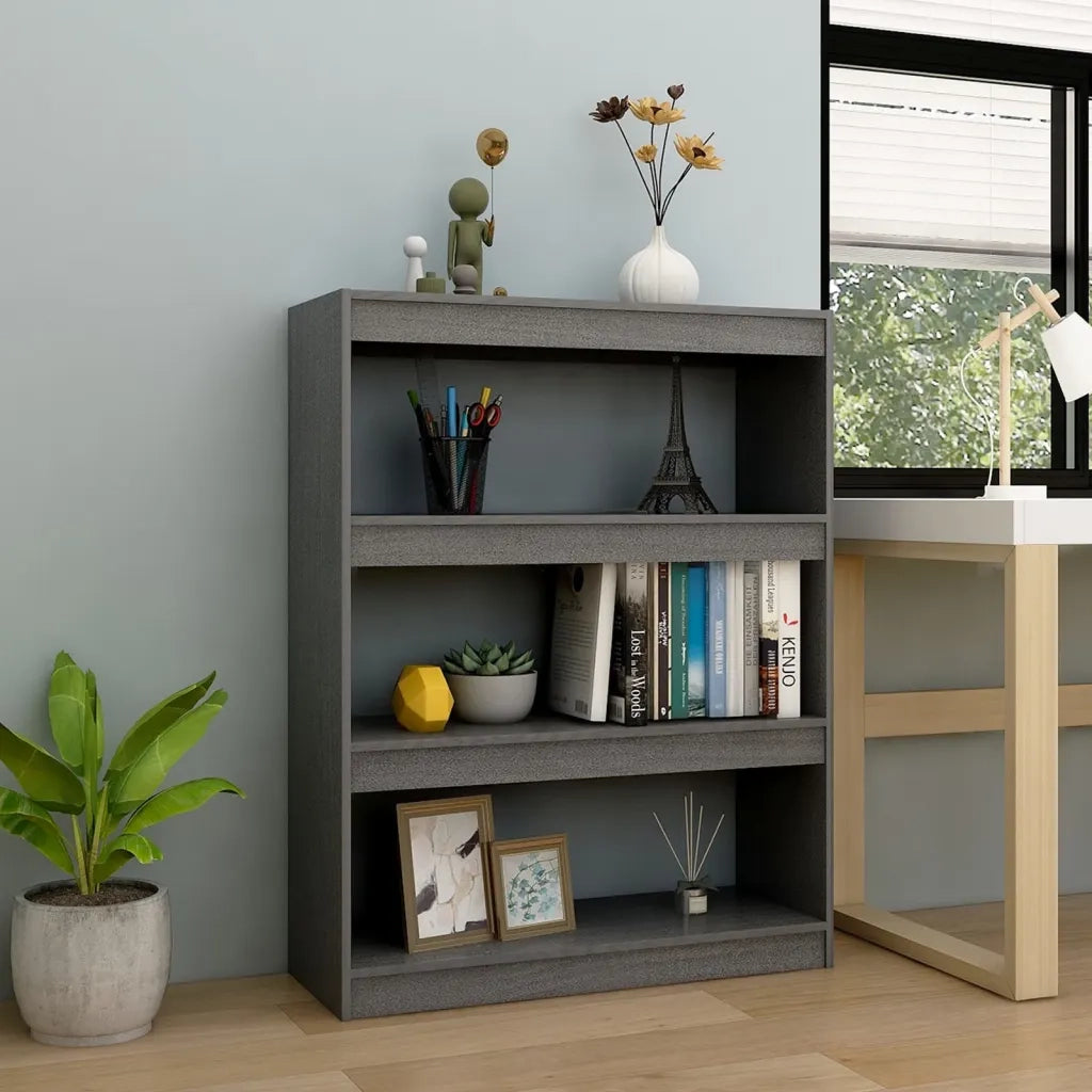 Libreria Divisorio-Scaffale per Libri-Mobile di Stoccaggio Grigio 100x30x103 cm in Massello di Pino