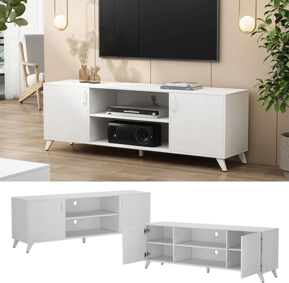 Lowboard Maceio, Bianco, 160 x 54.5 cm con 2 porte, adatto per l'installazione di televisori e dispositivi multimediali
