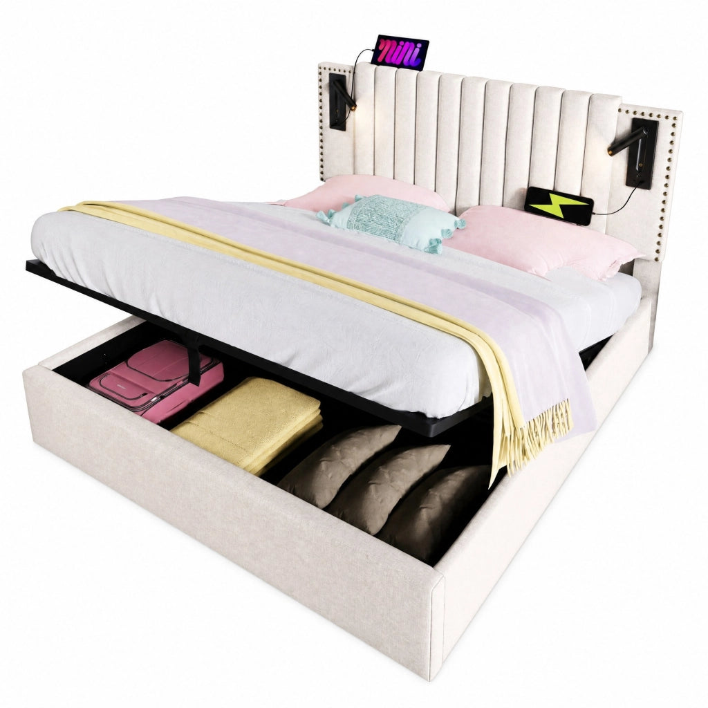 Letto matrimoniale imbottito 140x200 con contenitore, luci da lettura, USB e testiera regolabile beige