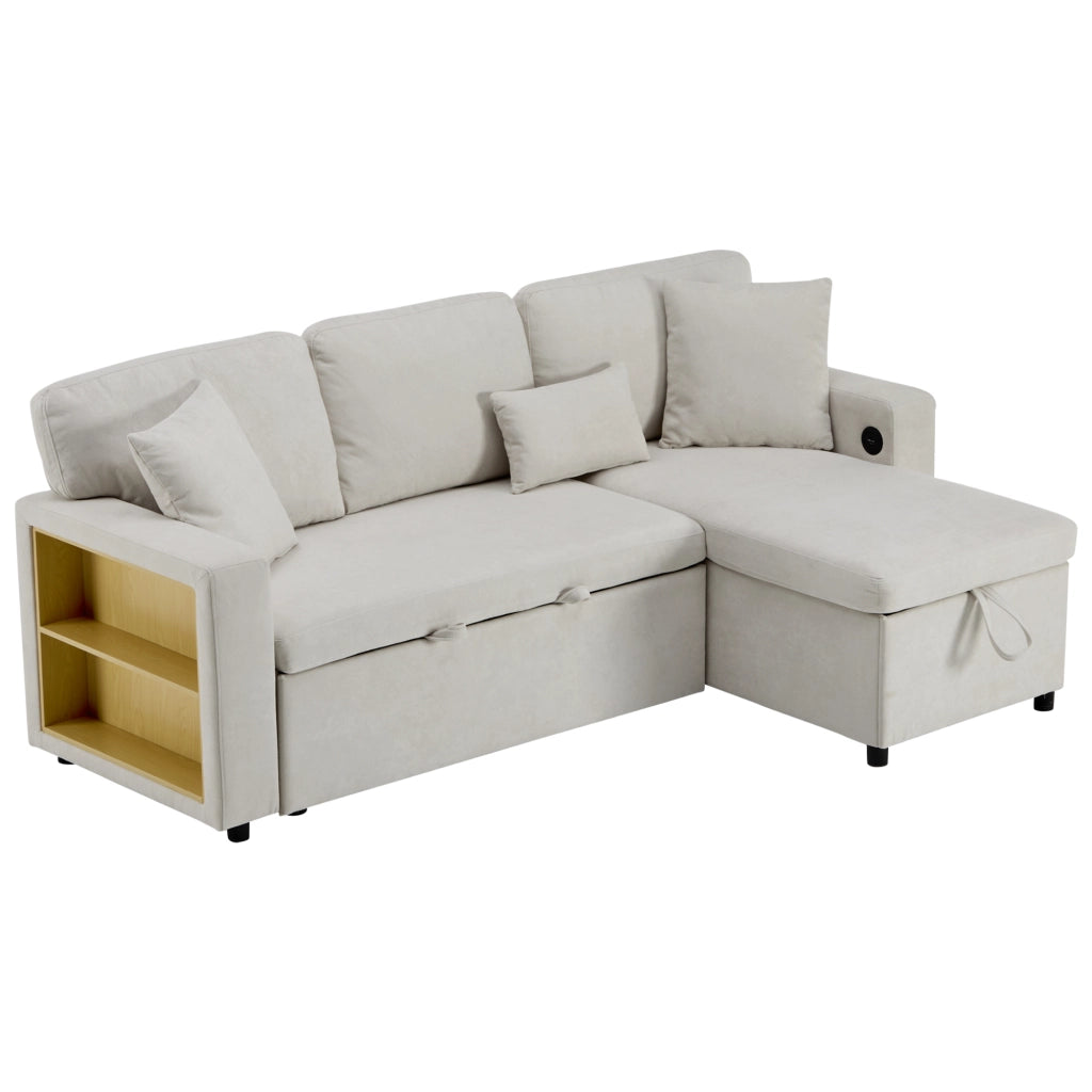 Divano letto angolare 3 posti con chaise longue reversibile; USB e contenitore; beige