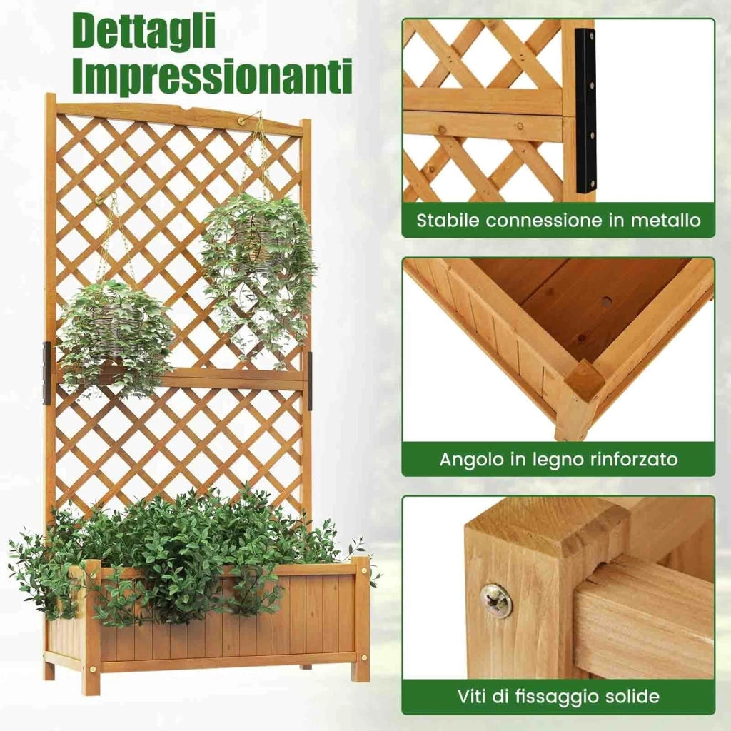 Fioriera da Esterno con Grigliato, Letto Rialzato in Legno con Traliccio e Fori di Drenaggio, Aiuola Rialzata per Piante Rampicanti e Fiori, 90 x 44,5 x 180,5 cm (Arancione)
