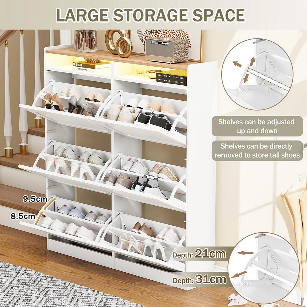 Scarpiera moderna con LED - Xylo - 120x130x24 cm - Bianco naturale - 6 scompartimenti a ribalta