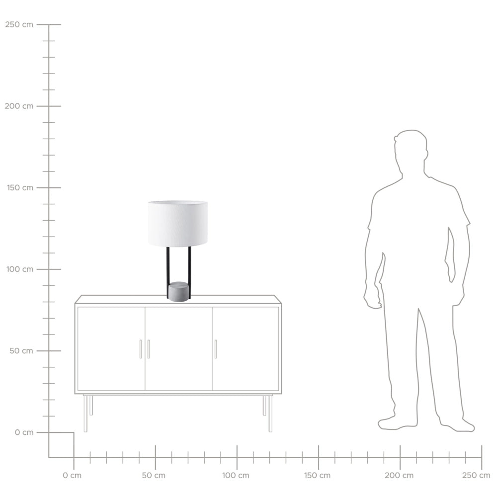 Lampada da tavolo da comodino in tessuto bianco tondo con paralume tondo e base in cemento grigio