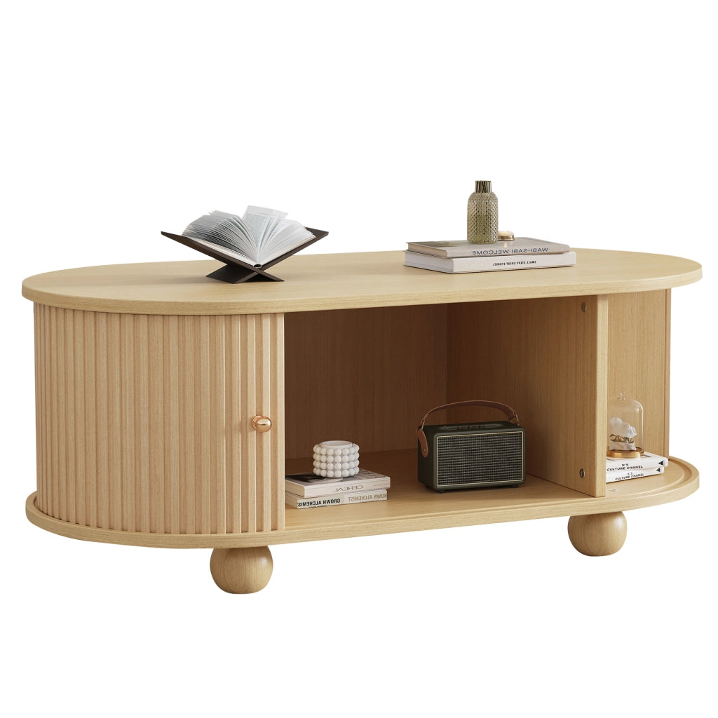 Tavolino da Salotto Ovale con 2 Ante Scorrevoli e Contenitore; Stile Industriale; in MDF; 100×50×40 cm; Legno