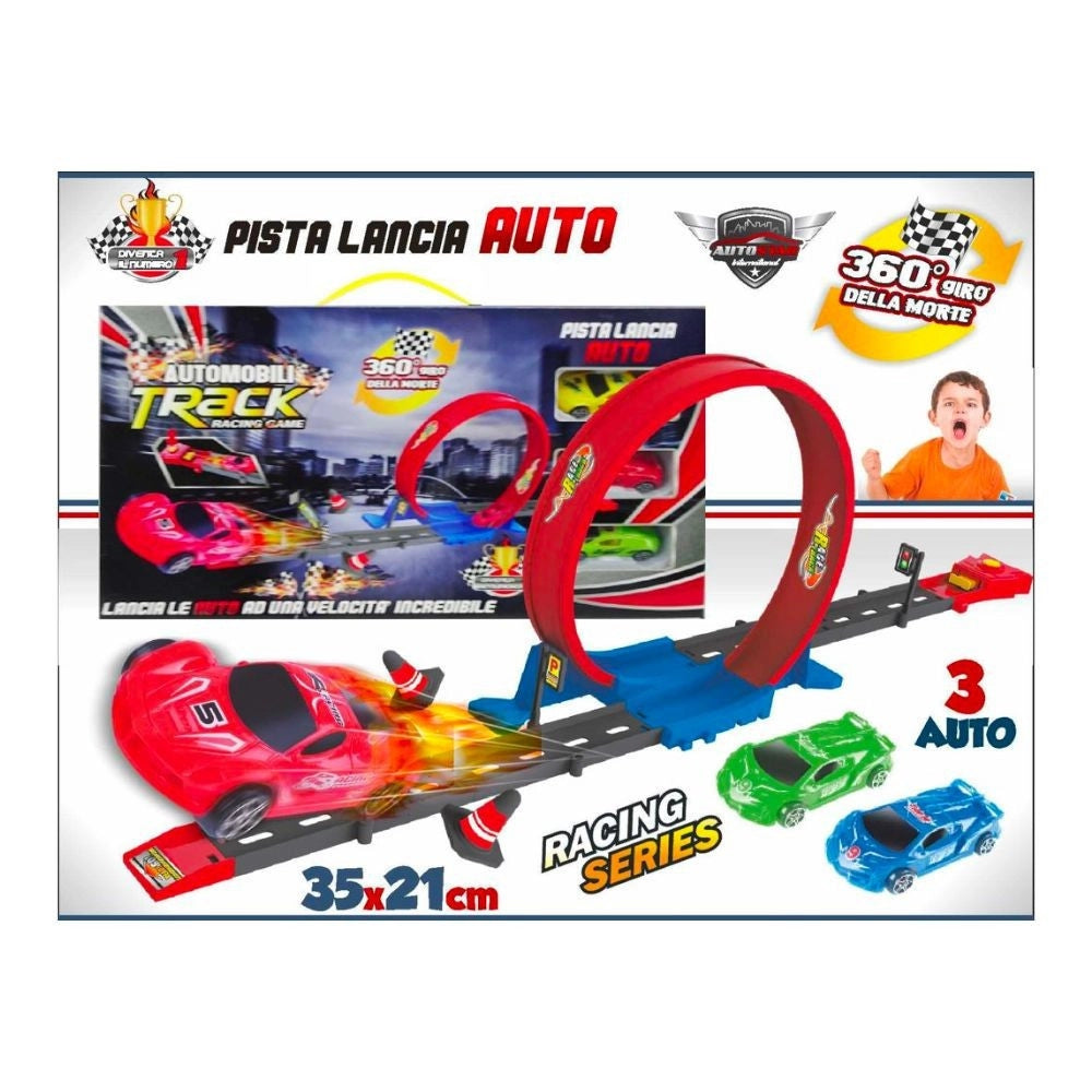 Trade Shop - Pista Lancia Auto Montagne Russe 3 Macchinine Giocattolo Per Bambini 35x21 Cm -