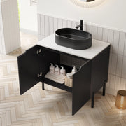 Mobile sottolavabo da bagno con 2 ante e chiusura rallentata, lavabo ovale in ceramica, nero bianco, 76 × 48 × 88 cm