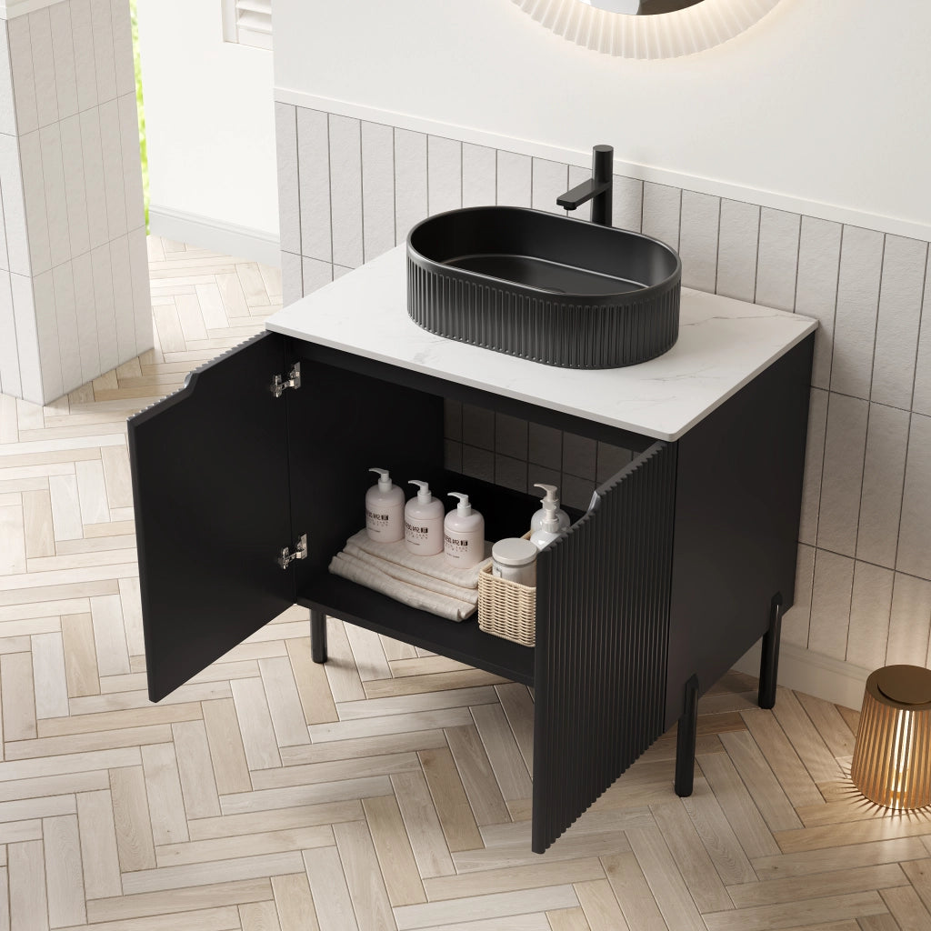 Mobile sottolavabo da bagno con 2 ante e chiusura rallentata, lavabo ovale in ceramica, nero bianco, 76 × 48 × 88 cm
