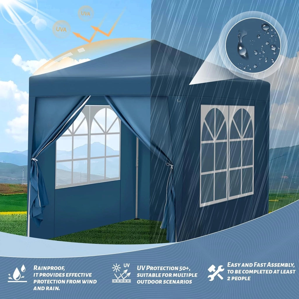 Gazebo da Giardino Richiudibile 2x2m Gazebo da Esterno in Ferro Regolabile in Altezza Tendone Pieghevole con Telo Idrorepellente,Set di 4 Sacchi di Sabbia, Facile da Montare Blu