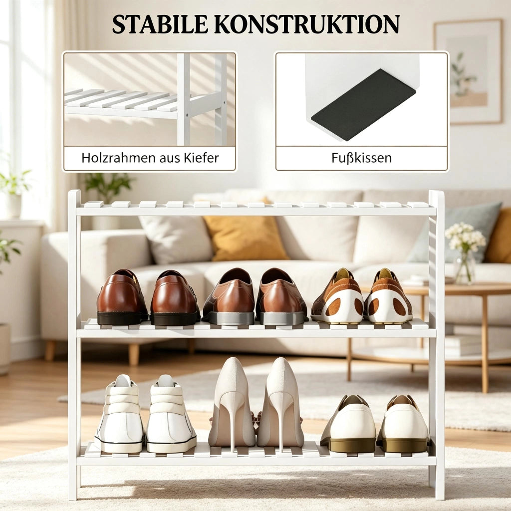 Scarpiera a 3 ripiani in legno e MDF bianco con design rialzato per ingresso 70 × 26 × 57,5 cm