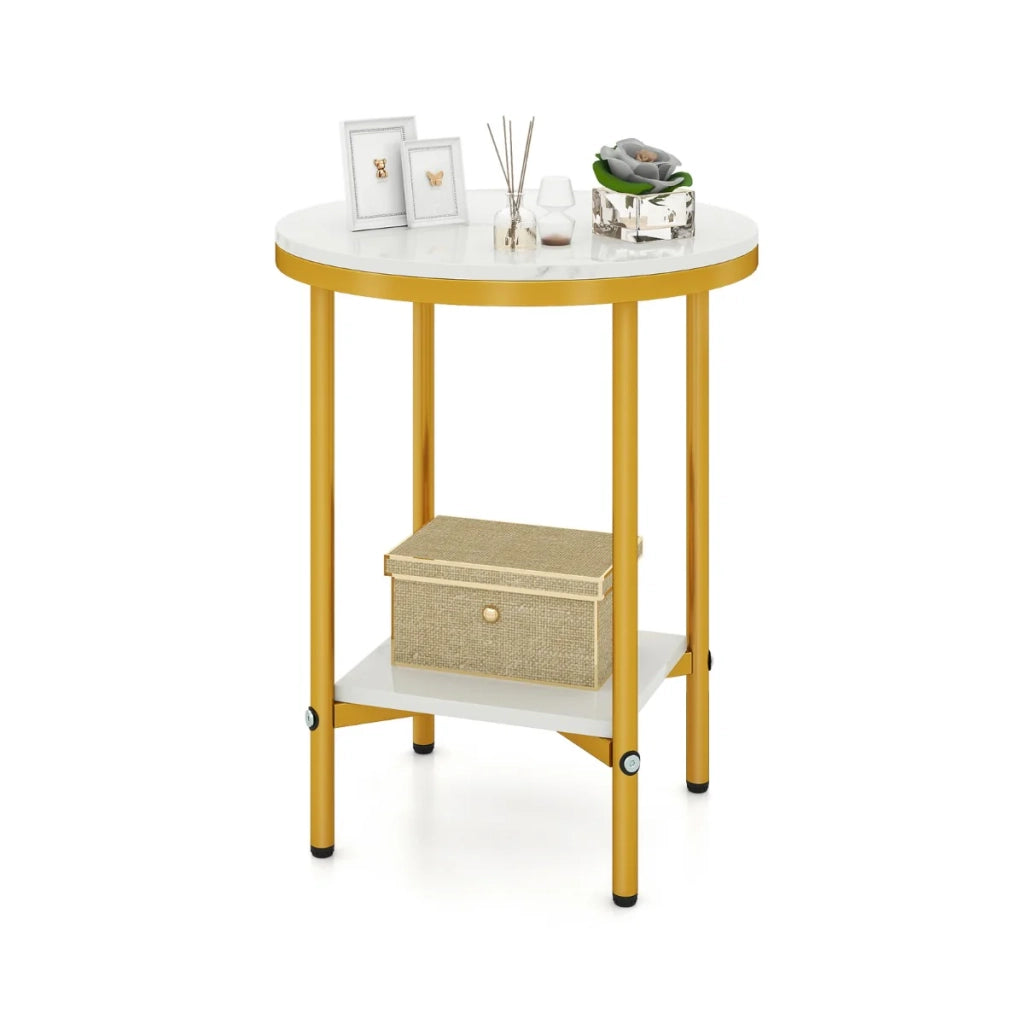 Tavolino da caffè rotondo a 2 ripiani 40,5 x 40,5 x 51 cm stile moderno con spazio di archiviazione superiore e inferiore legno ingegnerizzato bianco e oro 20_0018016