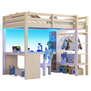 Letto a Soppalco 140x200 cm; Letto Singolo - Scrivania; LED; USB - in Legno - Naturale