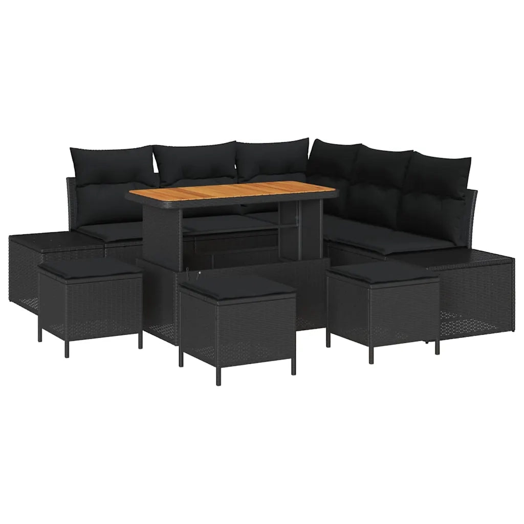 Set Divano da Giardino con cuscino 9 pcs Nero Poly Rattan