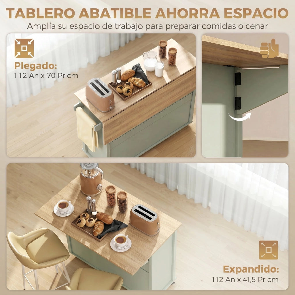 Carrello da Cucina con Ruote ¨C Xylo ¨C Verde Chiaro 117,5x70x91 cm