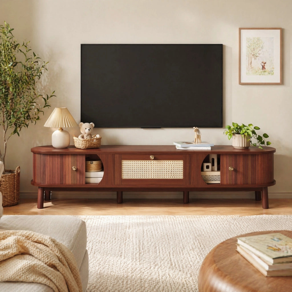 Mobile TV 170 cm in legno e rattan con ante e cassetti
