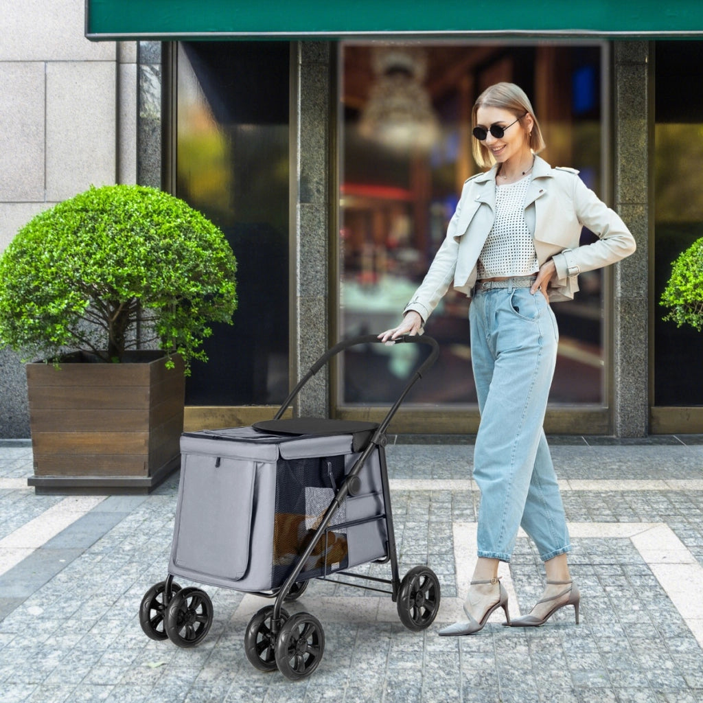 Carrello pieghevole per animali domestici, Passeggino per cani e gatti a 4 ruote con lucernario tasche Grigio scuro-Giochi e accessori per cani