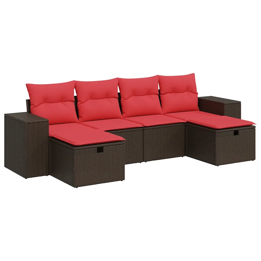 Set Divano da Giardino 6 pz con Cuscini Marrone in Polyrattan