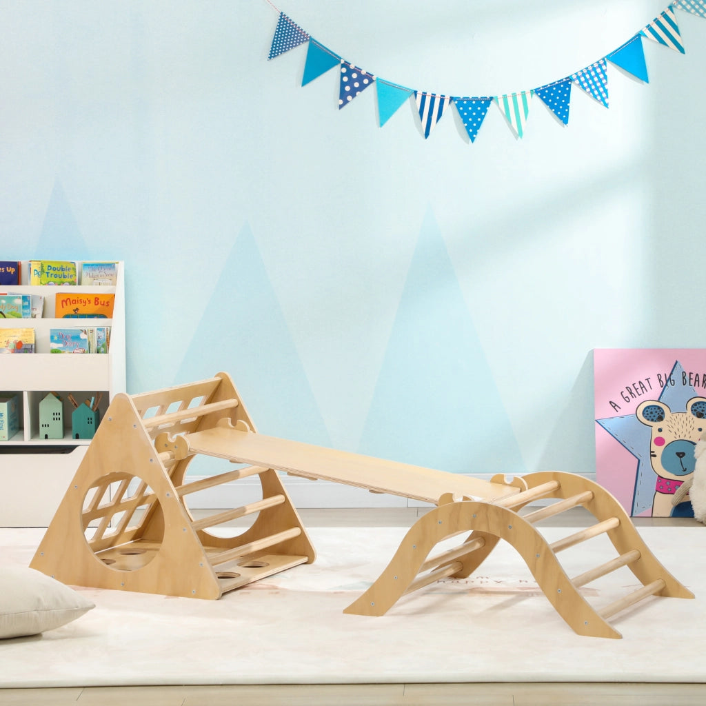 Letto a Soppalco per Bambini con Rampa e Sacco Sabbia 8 in 1 ¨C zephmum ¨C 175x59.5x60 cm Legno Naturale