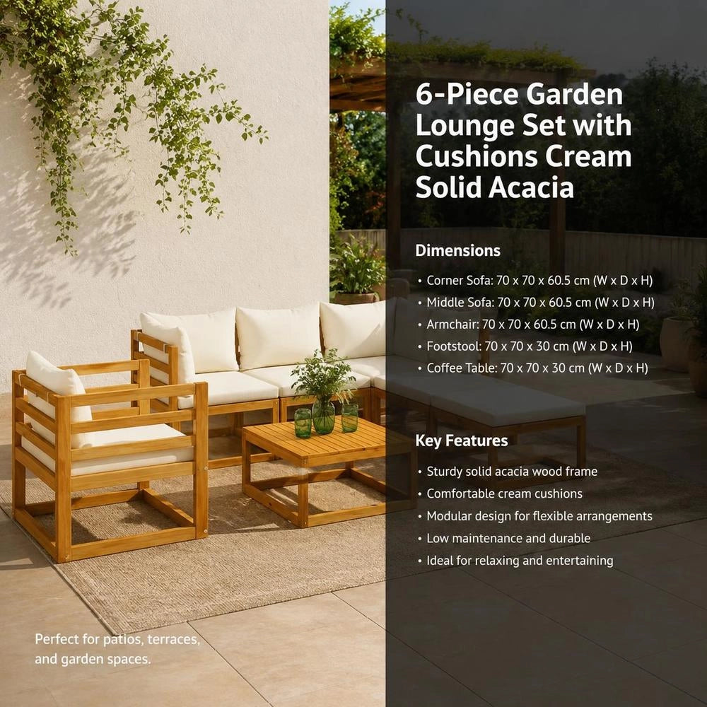 6-piece Garden Lounge Set With Cushions, Cream Solid Acacia Wood