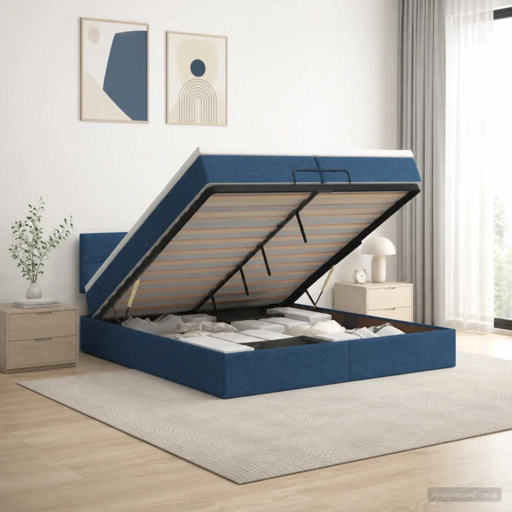 Letto Ottomano con Materasso e LED Blu 200 x 200 cm Tessuto 3456939