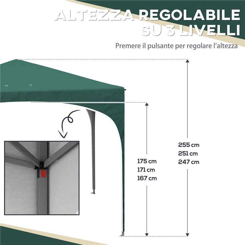 GAZEBO DA GIARDINO AD ALTEZZA REGOLABILE CON FORI DI DRENAGGIO E BORSA DA TRASPORTO, IN METALLO, VERDE