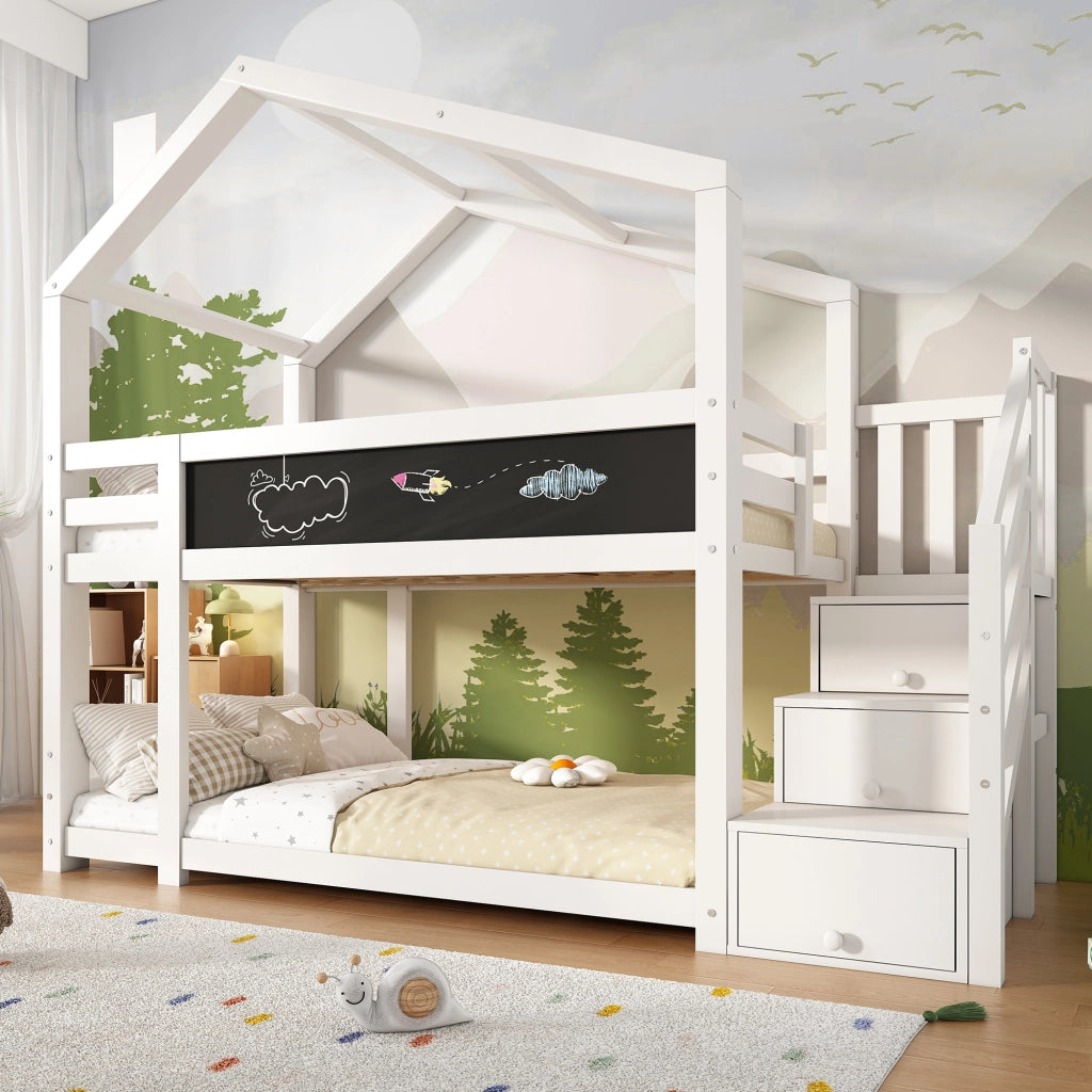 Letto a castello per bambini 90x200 cm stile casa sull’albero con scala contenitore e lavagna, bianco