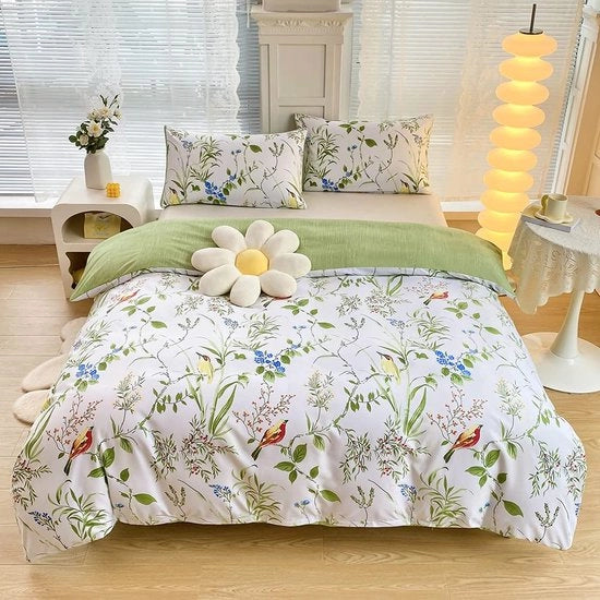 Set di asciugamani per letto in microfibra con fiori e uccelli, reversibile