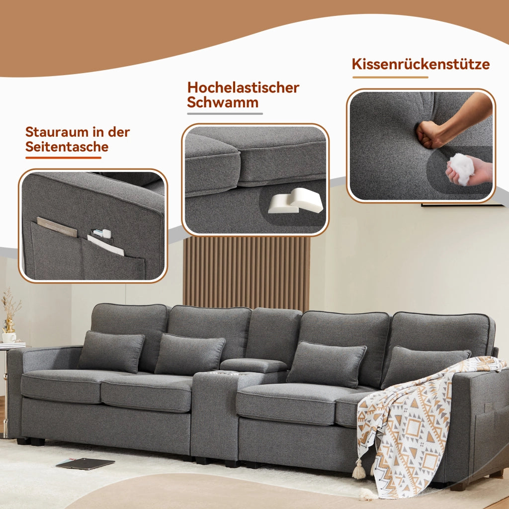 SOFA 4 posti 290x83x88 cm in lino grigio scuro con console, USB e 4 cuscini