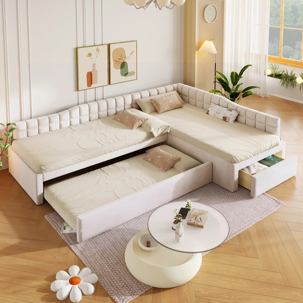 Letto combinato 90 × 200 cm con letto estraibile, 2 cassetti, senza materasso, in flanella beige