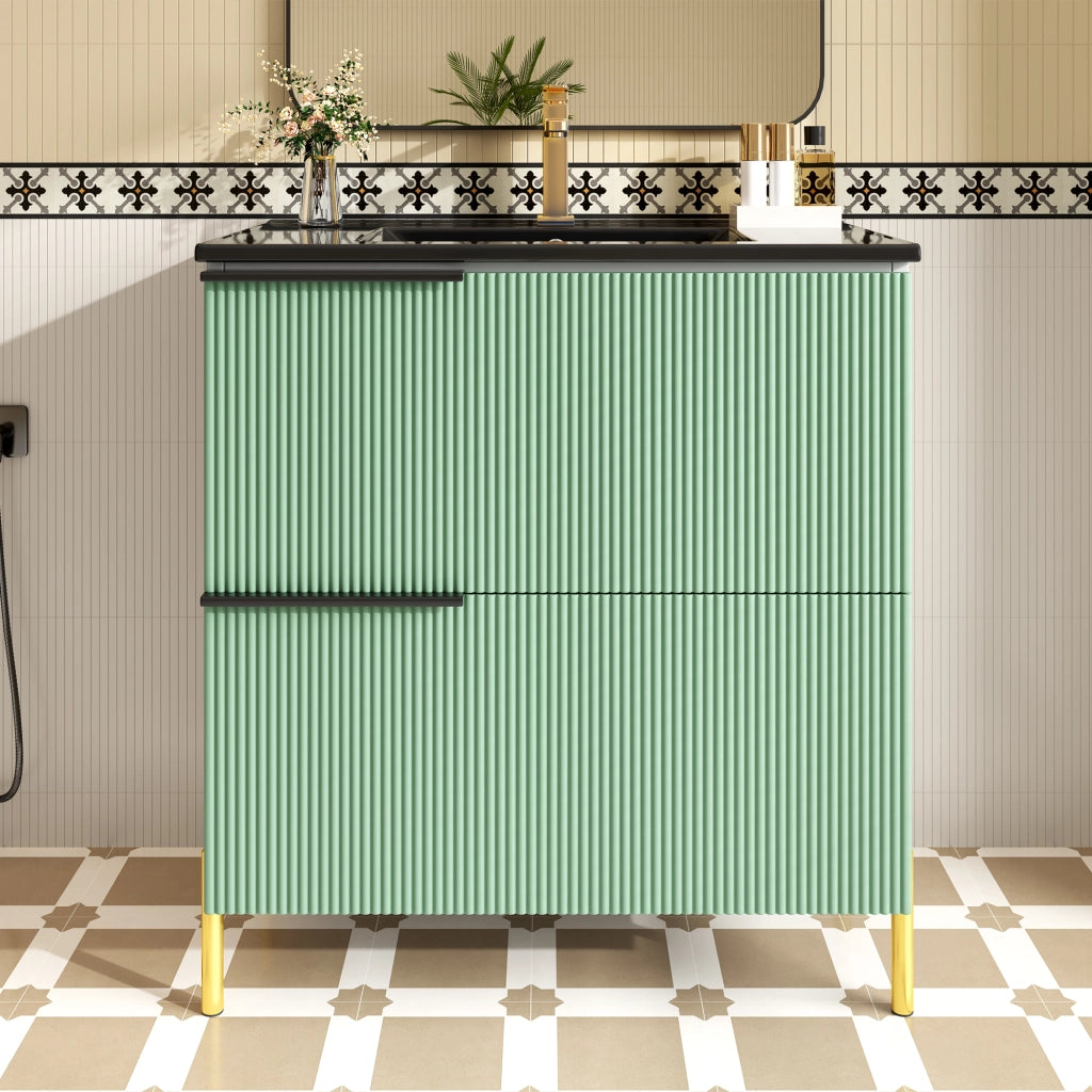 Mobile sottolavabo da bagno con lavabo in ceramica, 2 cassetti, in MDF, verde, con maniglie e piedini in metallo