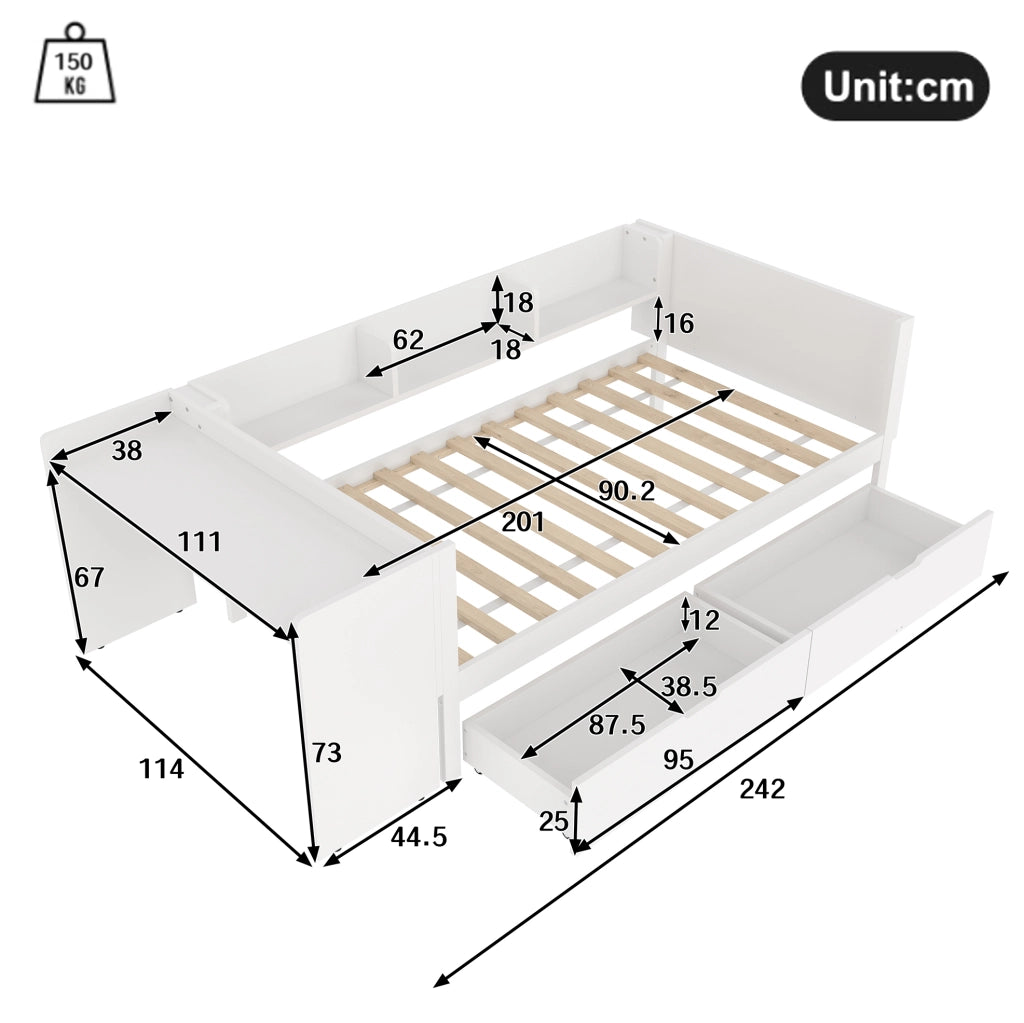 Letto 90x200 cm con scrivania; 2 cassetti e ripiani in legno bianco