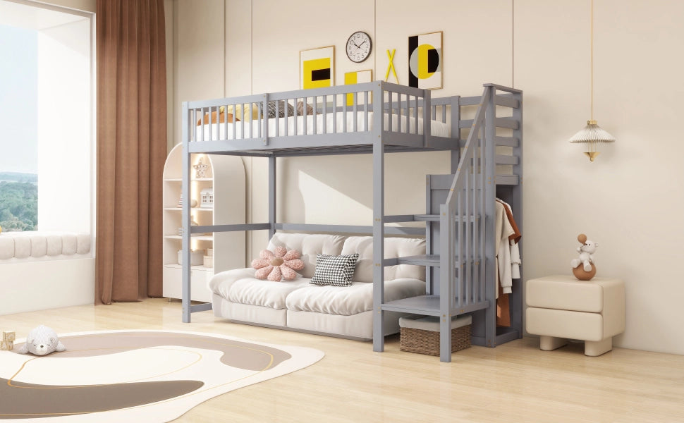 Letto a castello grigio con scala funzione contenitore in legno 90x200 cm