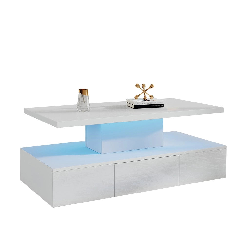 Tavolino da Caff¨¨ con LED 16 Colori e Cassetto ¨C MINIMAL ¨C Bianco Lucido, Rettangolare, 2 Ripiani