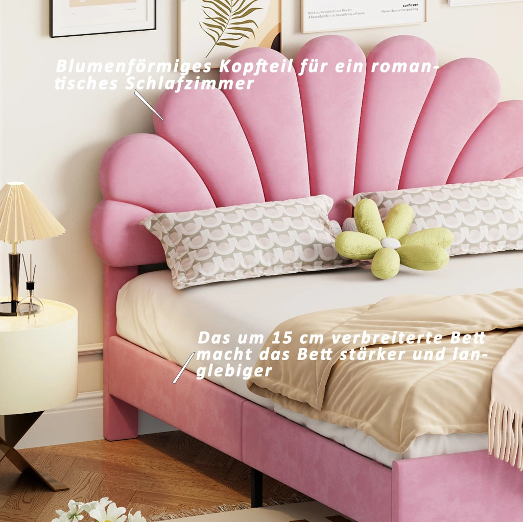 Letto imbottito 140x200 cm in velluto rosa con testiera floreale e 12 doghe