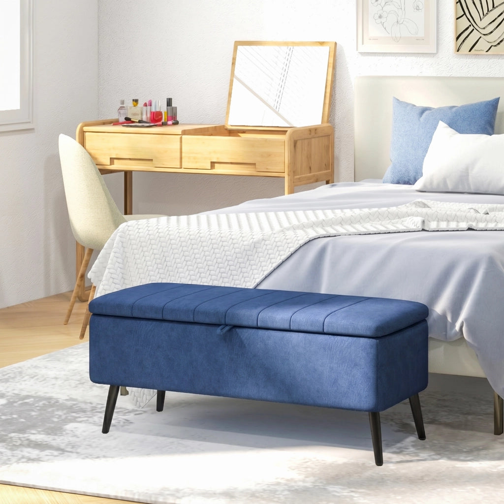 Panca Contenitore Pouf Poggiapiedi Imbottito, 102x40x44 cm, Blu Scuro