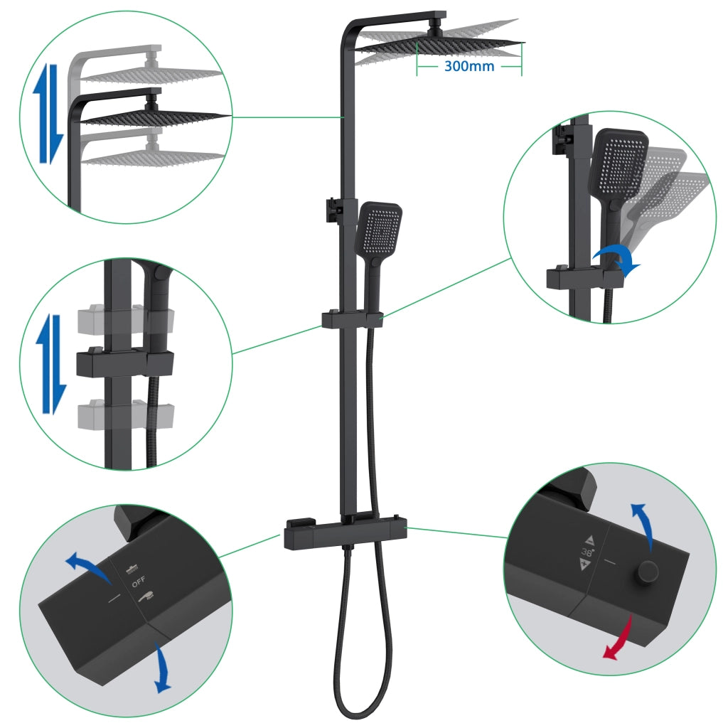 AICA ITALY Sistema Doccia con Miscelatore Termostatico a 38℃ e Soffione Quadrato 30x30cm Altezza Regolabile 73-115cm nero