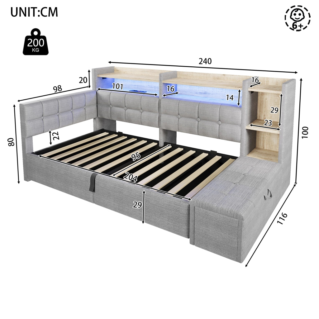 Letto da giorno 90x200 cm in velluto con accumulo idraulico LED e USB-C - Grey