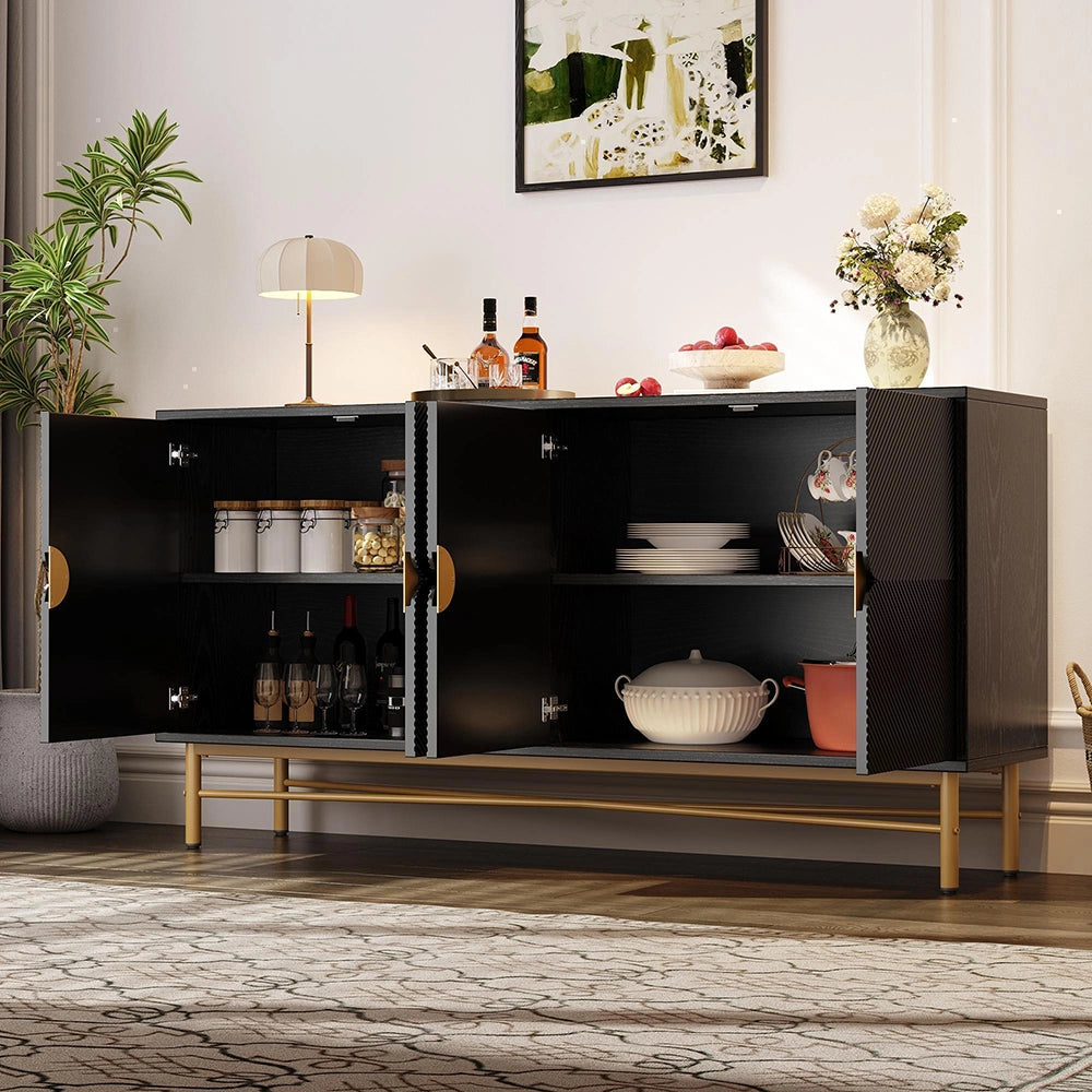 Credenza 160cm Texturizzata - Xylo - 4 Ante con Maniglie Oro, Colore Nero